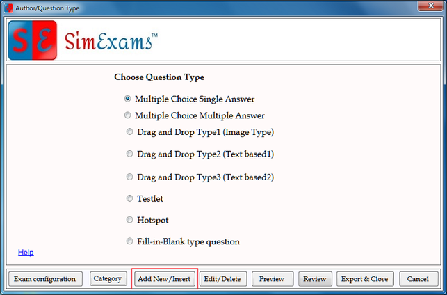 MCMA Question type screen 1