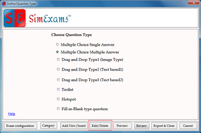 MCMA Question type screen 3