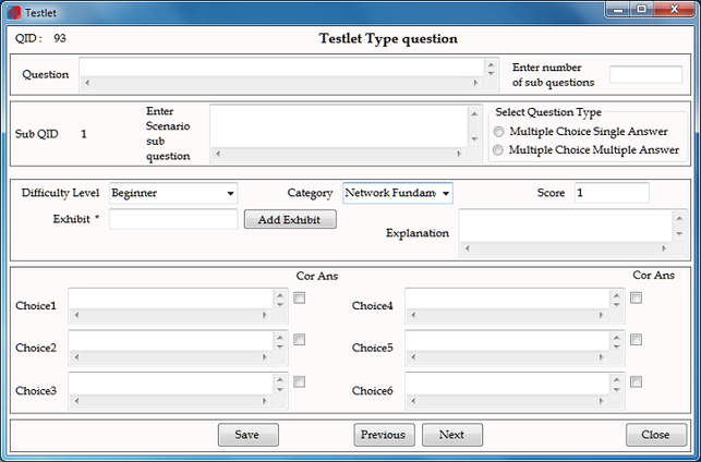 Testlet Question type screen 1