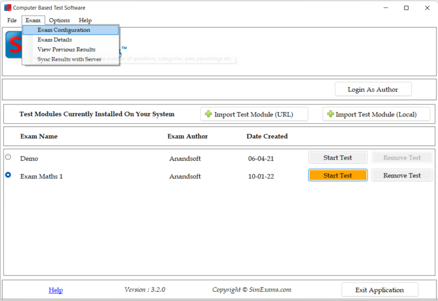 Exam Configuration screen 1