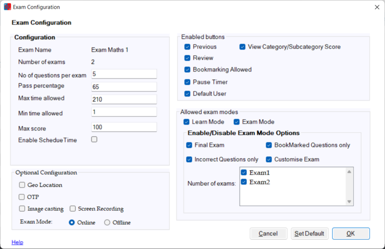 Exam Configuration screen 2