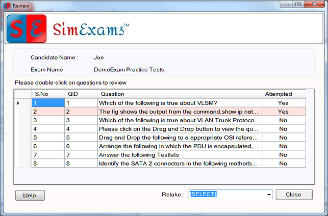 Exam screen 3